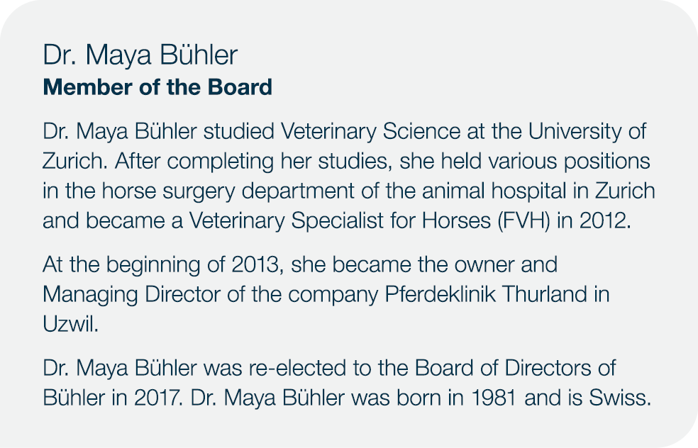 Dr. Maya B hler Member of the Board Dr. Maya B hler studied Veterinary Science at the University of Zurich. After com...