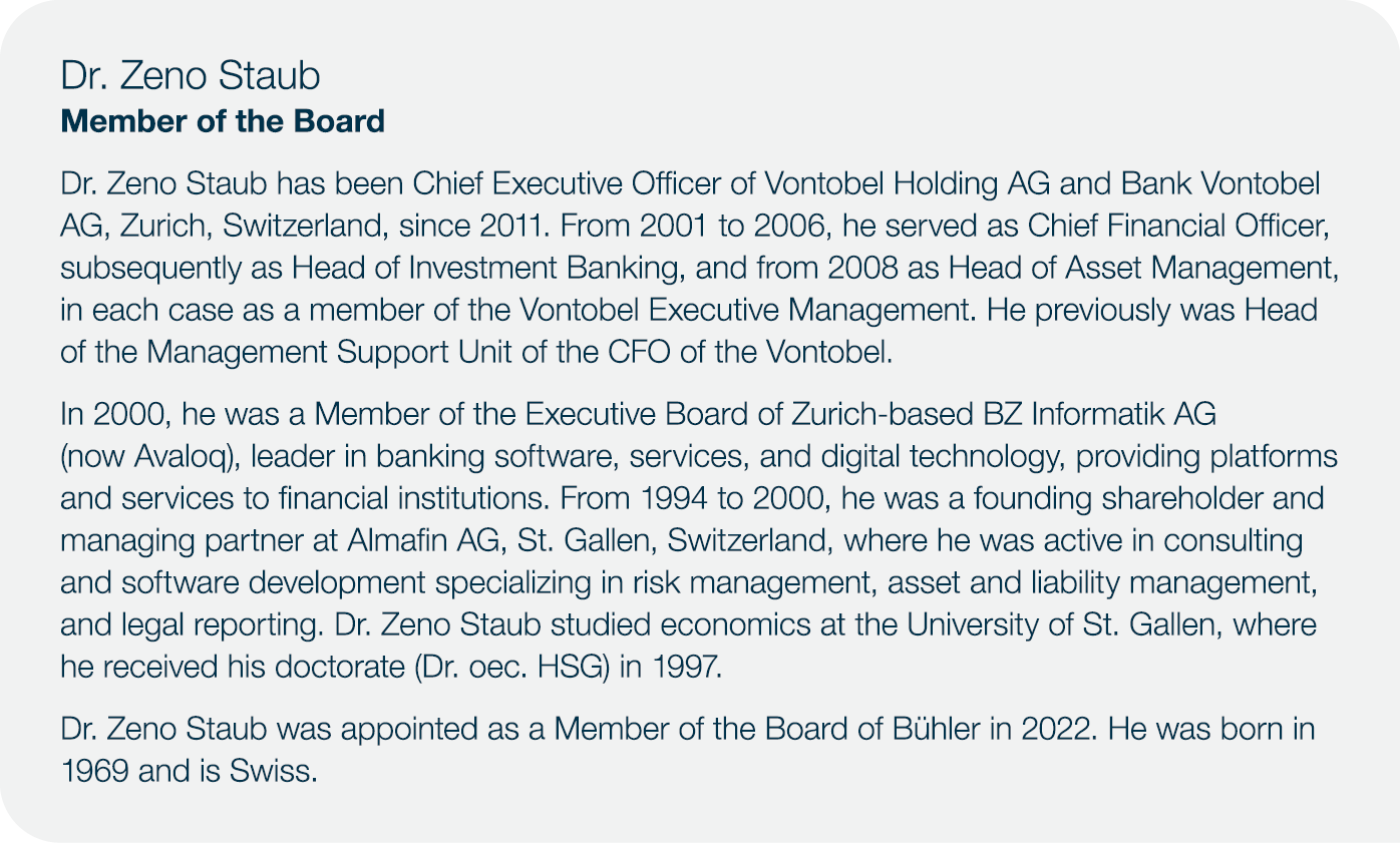 Dr. Zeno Staub Member of the Board Dr. Zeno Staub has been Chief Executive Officer of Vontobel Holding AG and Bank Vo...